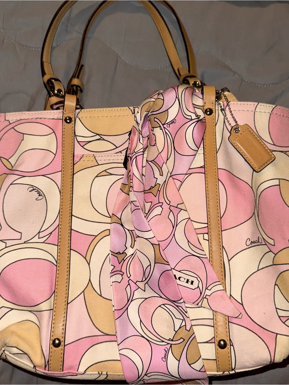 Coach Pink and Tan Signature Circle Print Tote with Scarf Accent